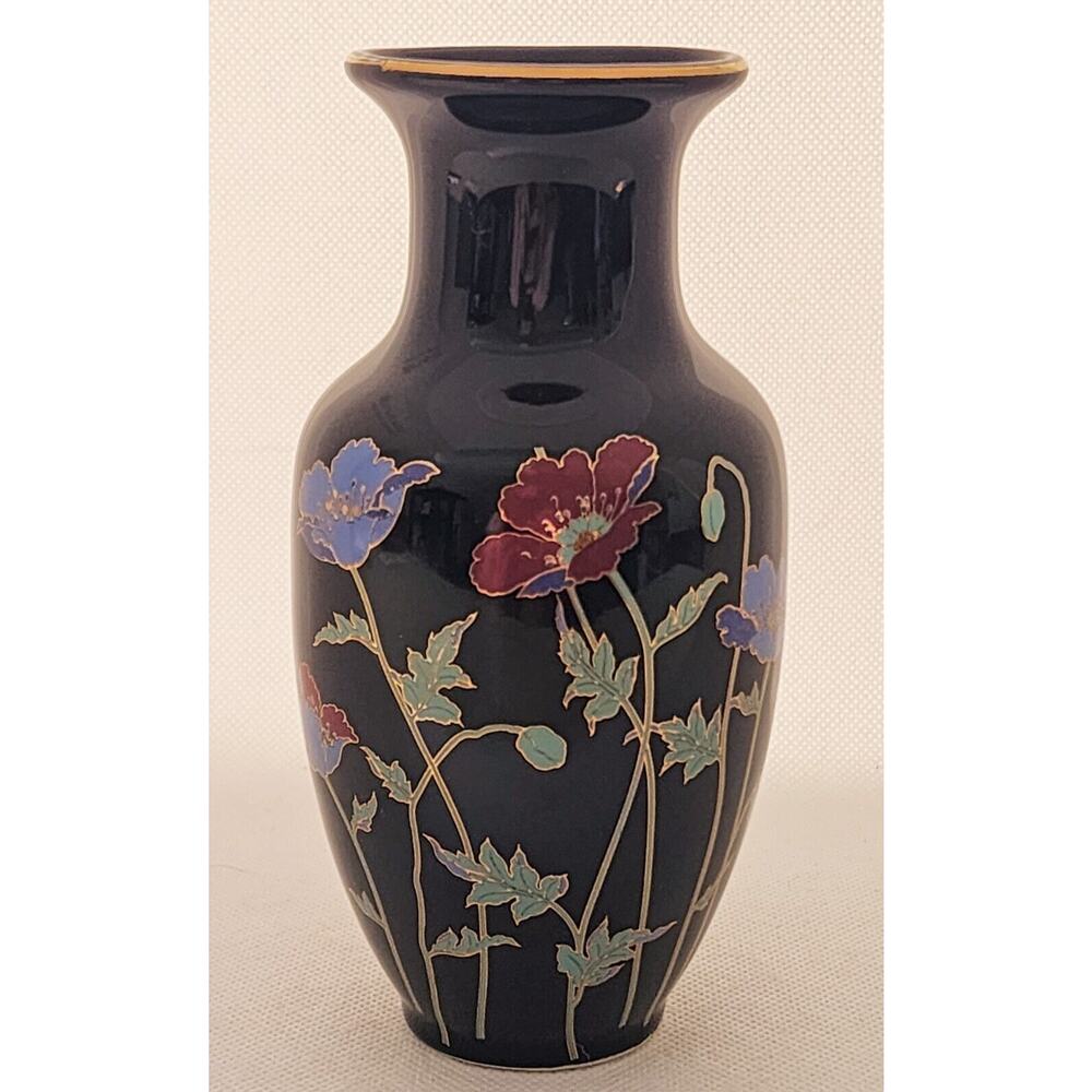 VASE-Japan-Small-Black Ceramic-Flowers-Gold Trimmed-6" Tall-Bud Vase